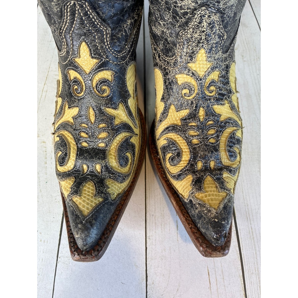 Corral Vintage Distressed Black Yellow Lizard Inlay Western Boots Womens 7M - Picture 5 of 8